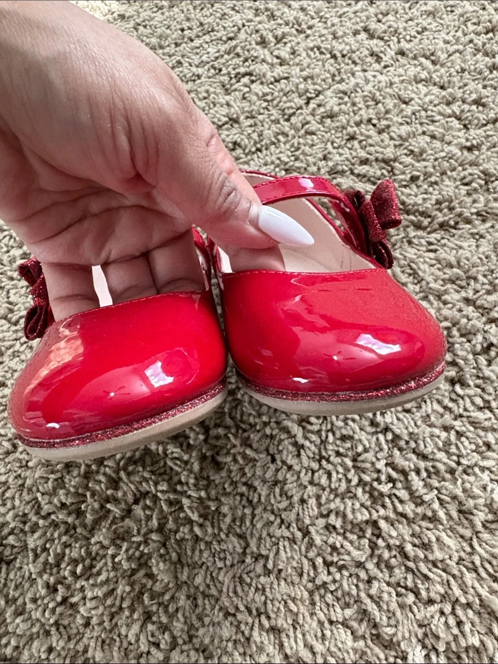 Nordstrom Girls Red Patent Mary Jane with Glitter Bow Accent